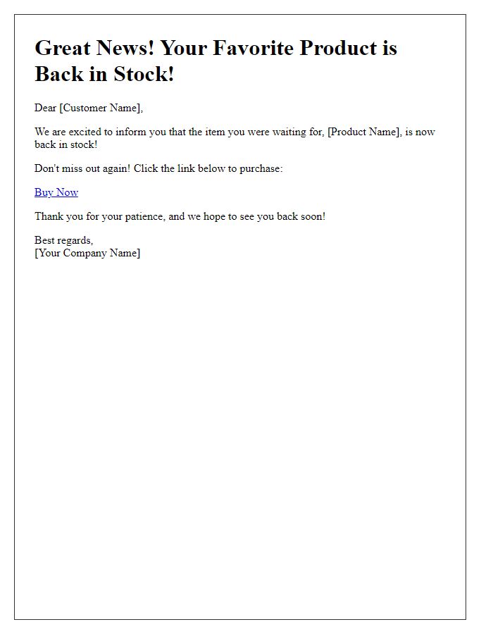 Letter template of back-in-stock product notice