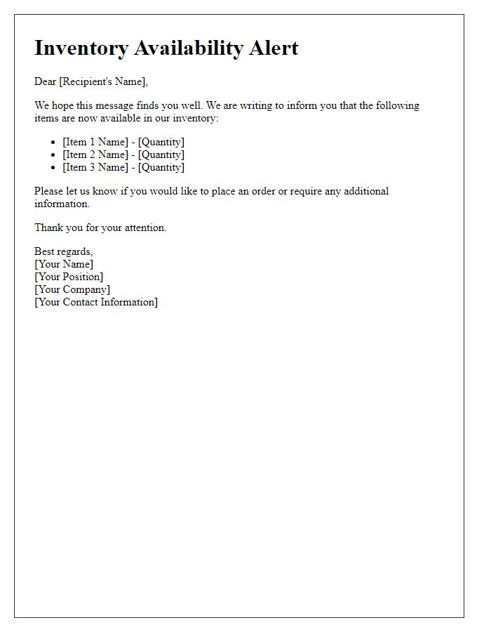 Letter template of inventory availability alert