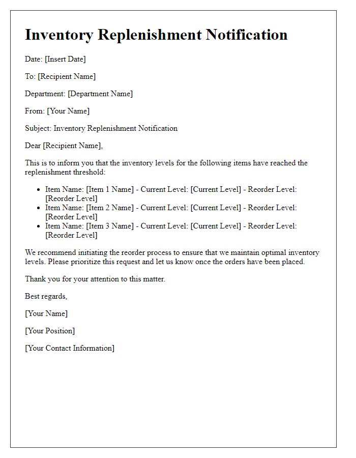 Letter template of inventory replenishment notification