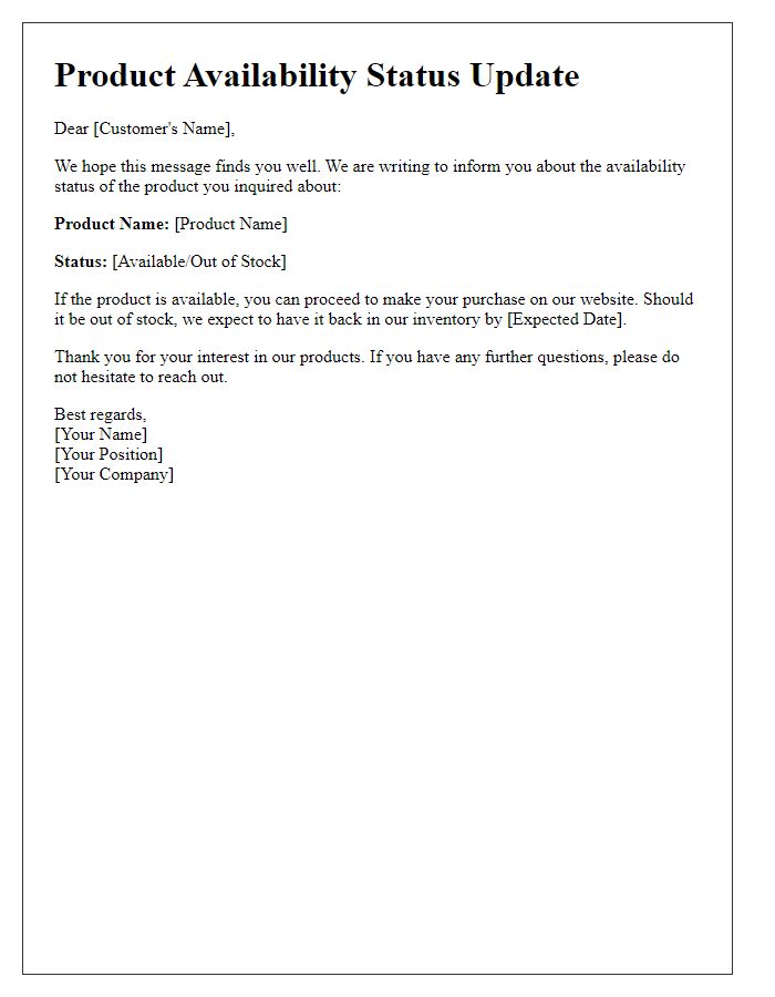 Letter template of product availability status notification