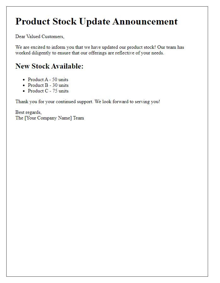 Letter template of product stock update announcement