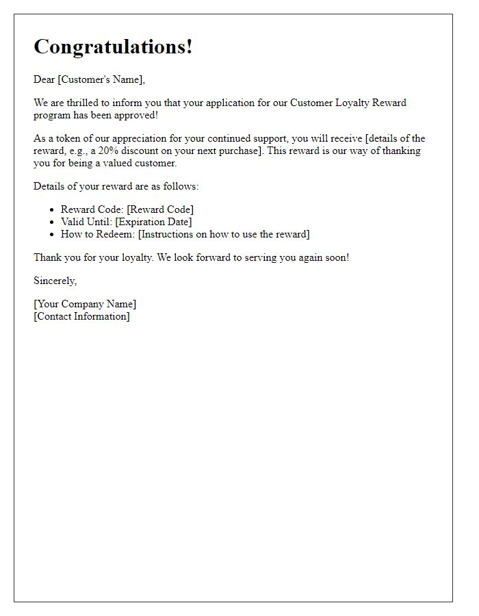 Letter template of customer loyalty reward approval