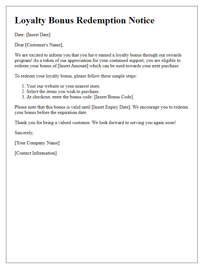 Letter template of loyalty bonus redemption notice