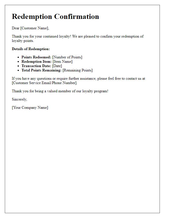 Letter template of loyalty points redemption confirmation