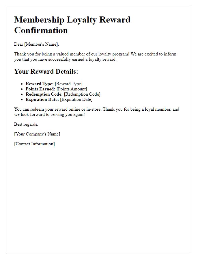 Letter template of membership loyalty reward confirmation