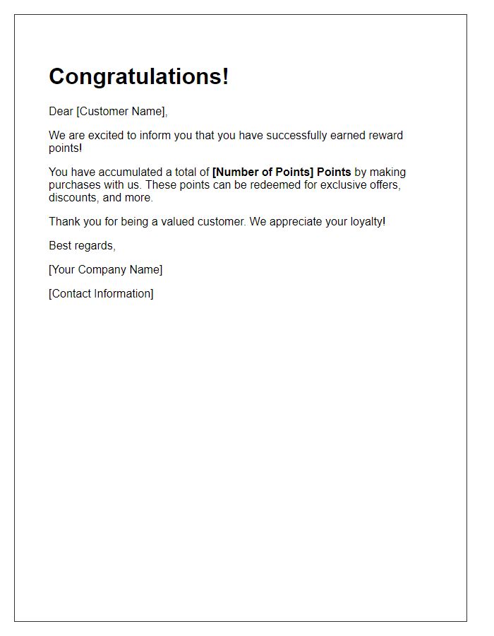 Letter template of reward points success notification