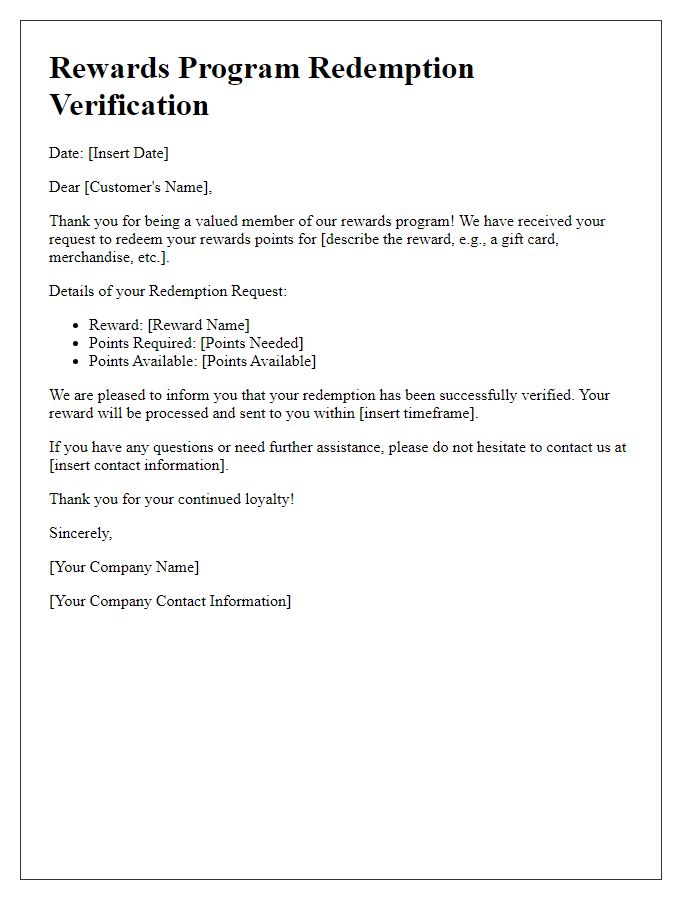 Letter template of rewards program redemption verification