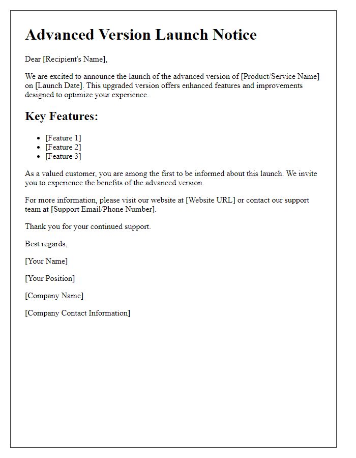 Letter template of Advanced Version Launch Notice