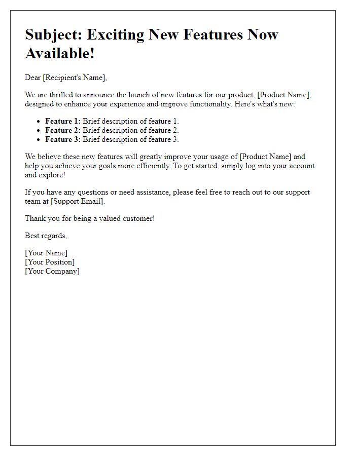 Letter template of New Product Features Notification