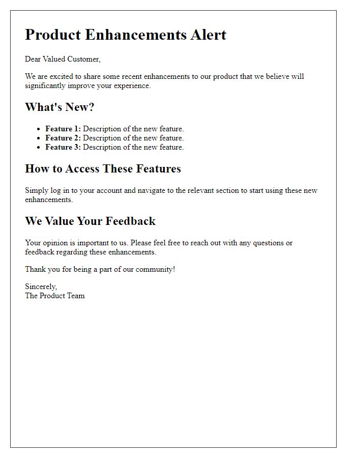 Letter template of Product Enhancements Alert