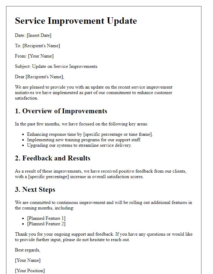 Letter template of Service Improvement Update