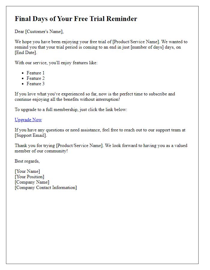 Letter template of Final Days of Your Free Trial Reminder