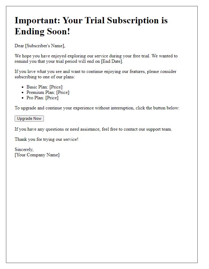 Letter template of Subscription Trial Ending Soon Notification
