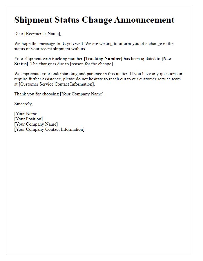 Letter template of shipment status change announcement