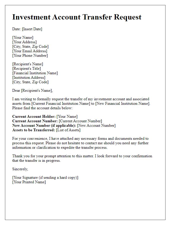 Letter template of investment account transfer with assets