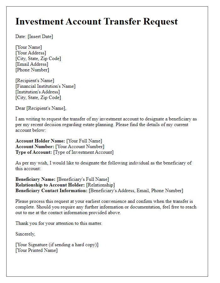 Letter template of investment account transfer for beneficiary designation