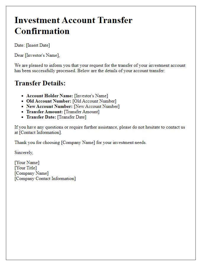 Letter template of investment account transfer confirmation