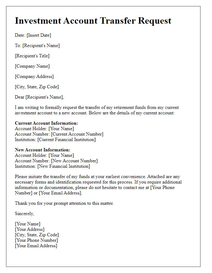 Letter template of investment account transfer for retirement funds