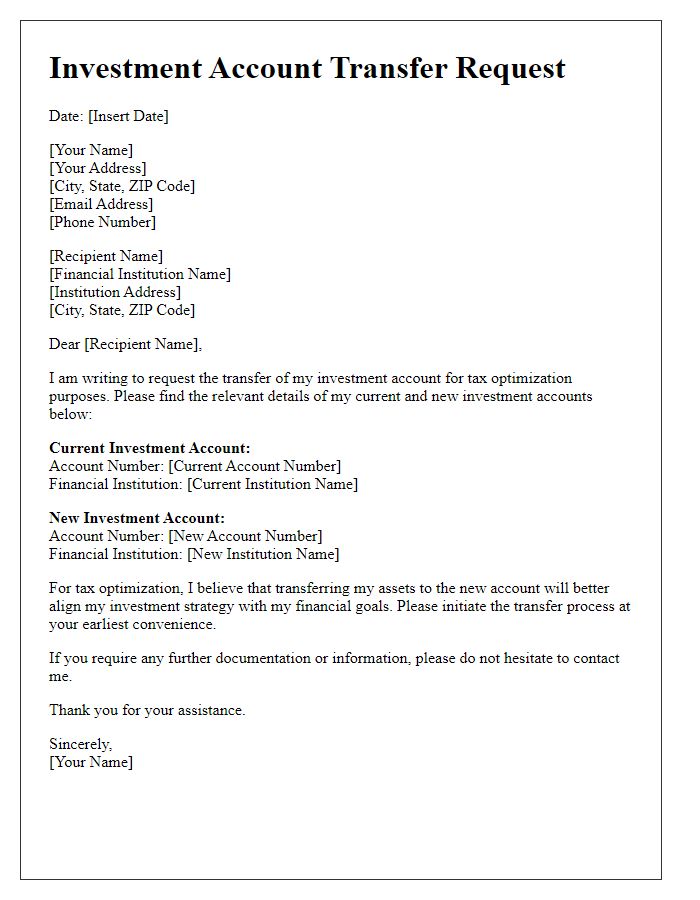 Letter template of investment account transfer for tax optimization