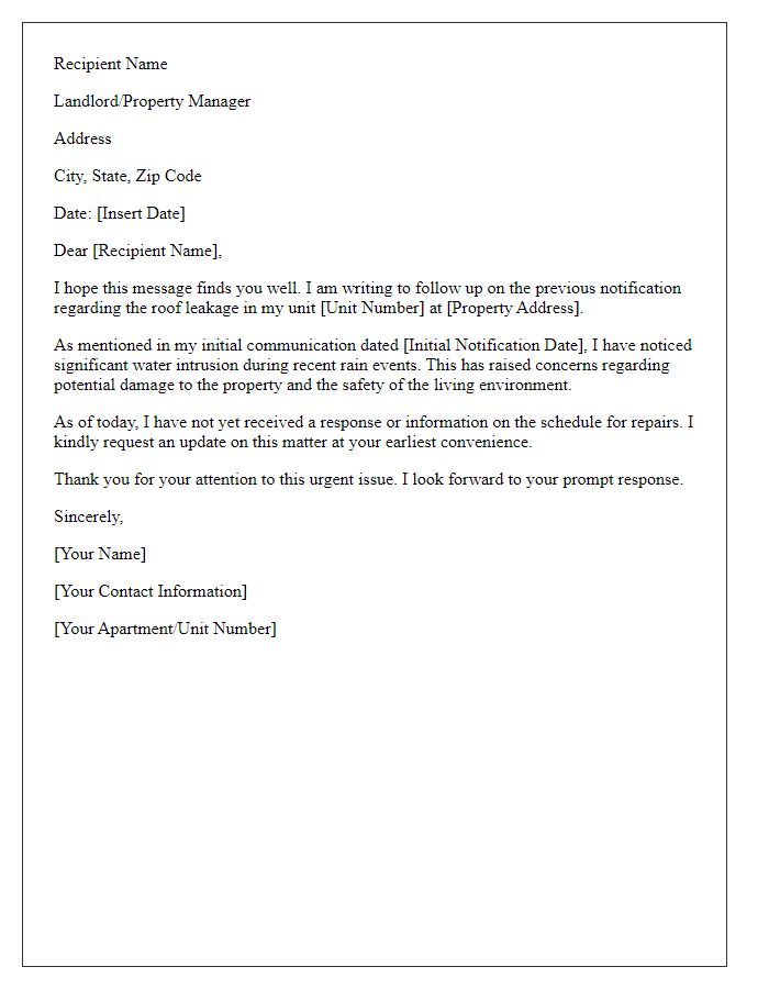 Letter template of tenant roof leakage notification for follow-up communication.