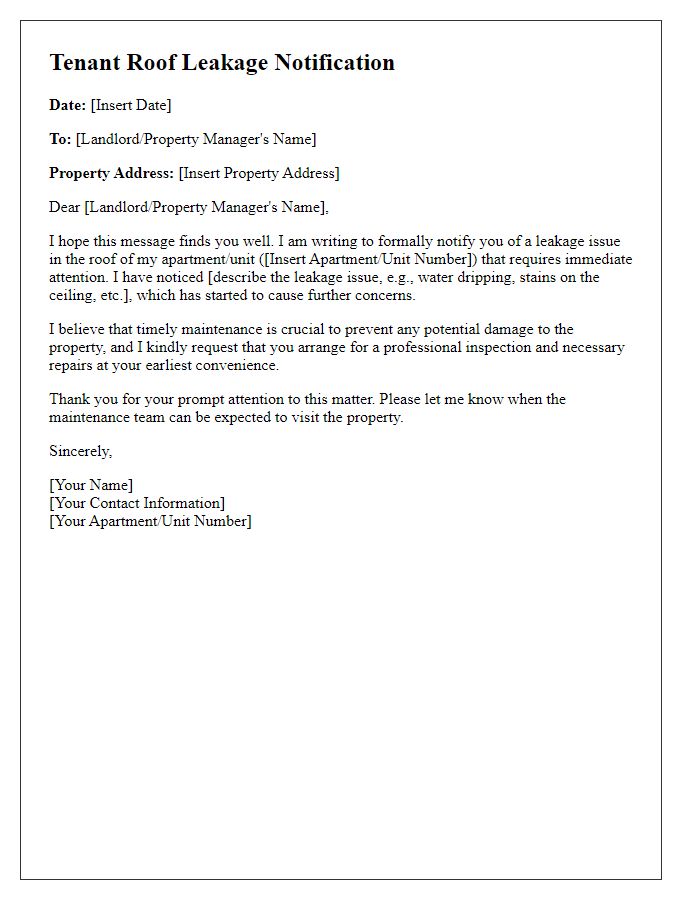 Letter template of tenant roof leakage notification for maintenance request.