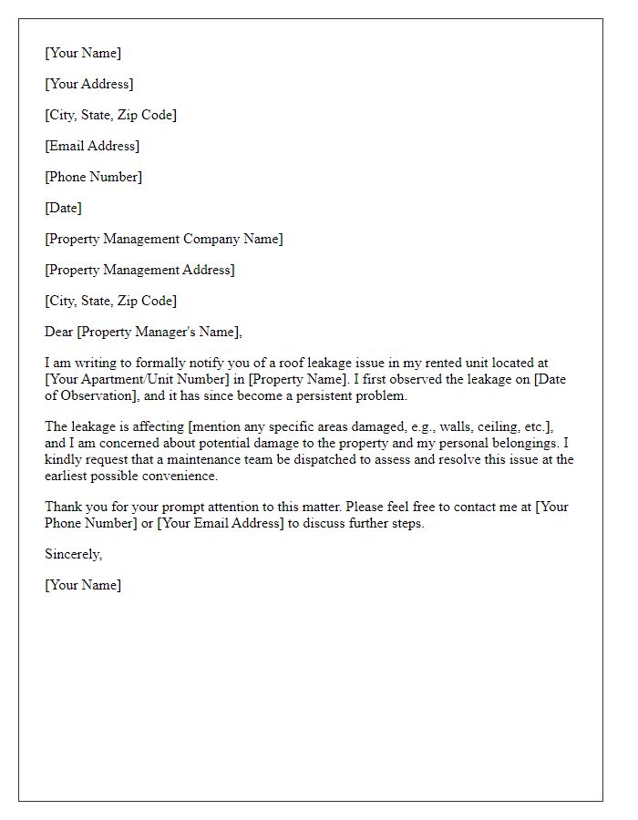 Letter template of tenant roof leakage notification for property management.