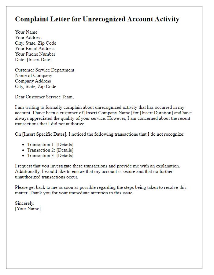 Letter template of complaint for unrecognized account activity