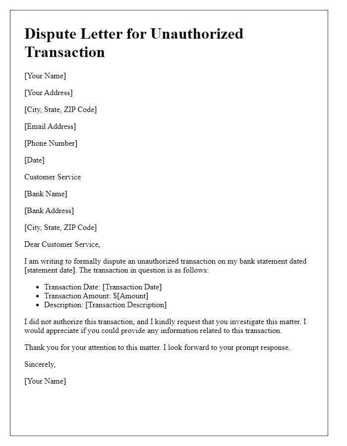 Letter template of dispute regarding unauthorized transaction on bank statement