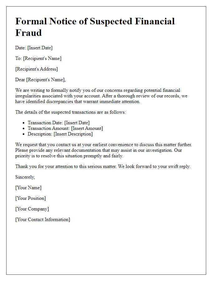 Letter template of formal notice for suspected financial fraud