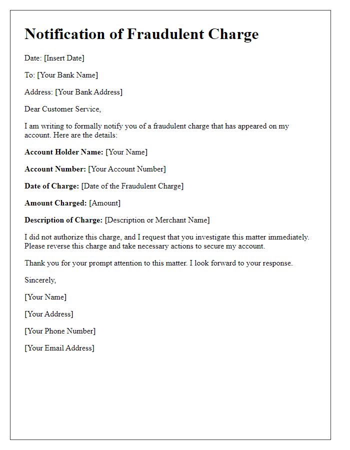 Letter template of notification for fraudulent charge on my account