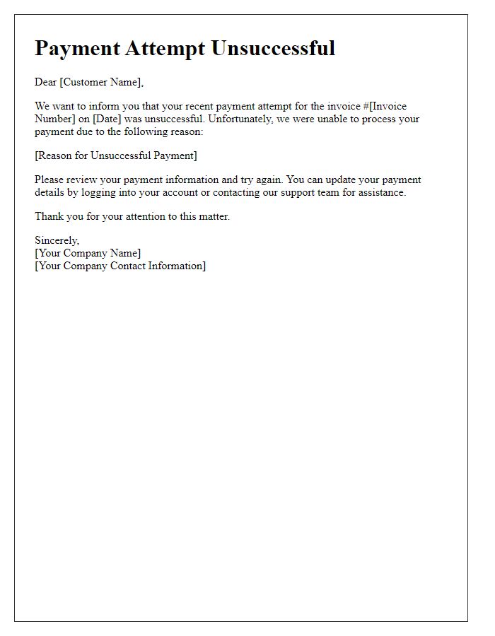 Letter template of notification regarding unsuccessful payment attempt.