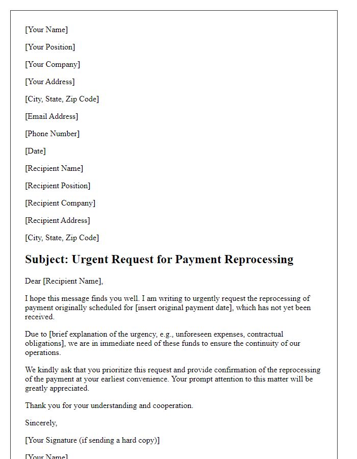 Letter template of urgent request for payment reprocessing.