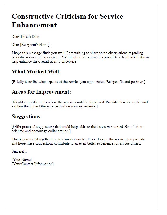 Letter template of constructive criticism for service enhancement