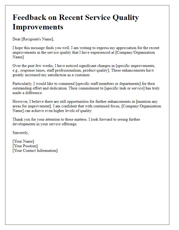 Letter template of feedback on service quality improvements