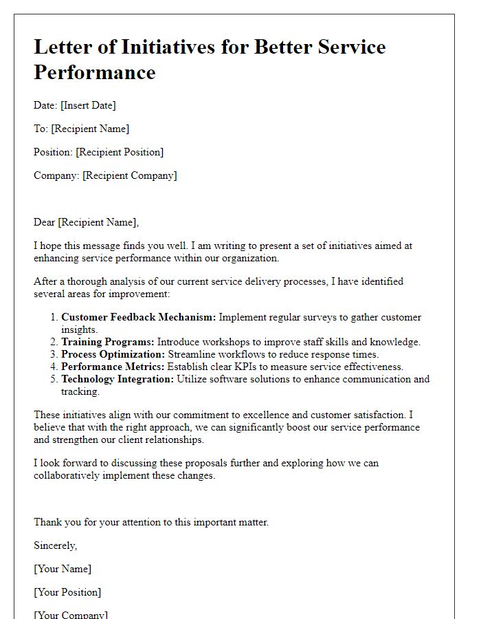 Letter template of initiatives for better service performance