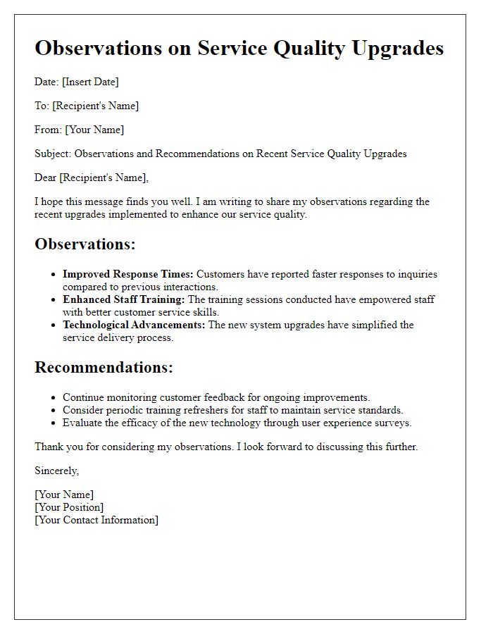 Letter template of observations on service quality upgrades