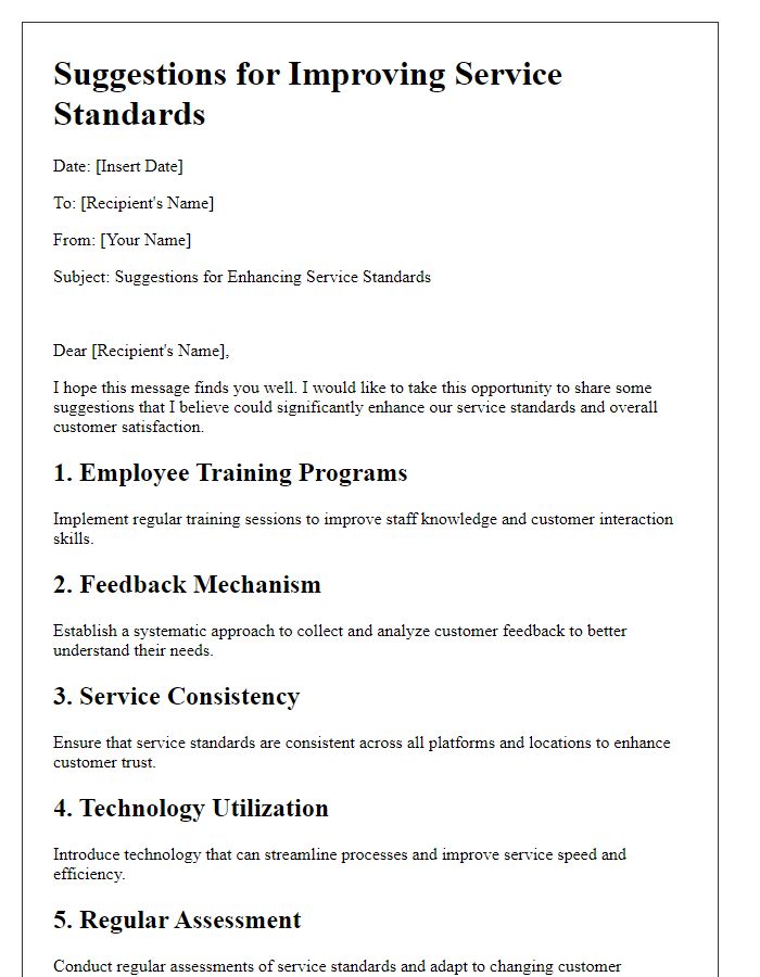 Letter template of suggestions for improving service standards