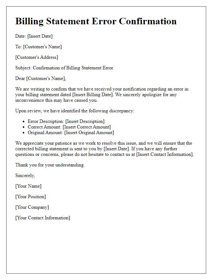 Letter template of billing statement error confirmation