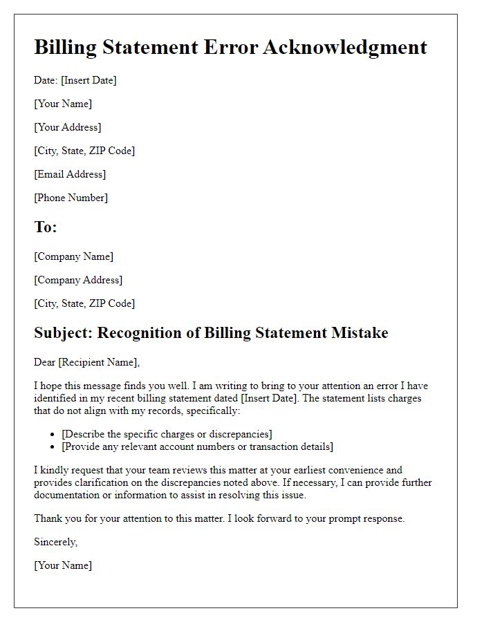 Letter template of billing statement mistake recognition