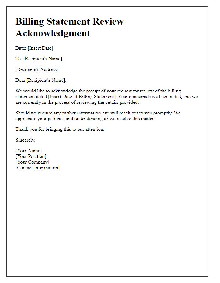 Letter template of billing statement review acknowledgment