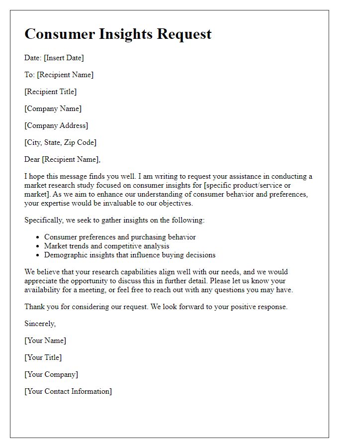 Letter template of consumer insights request for market research.