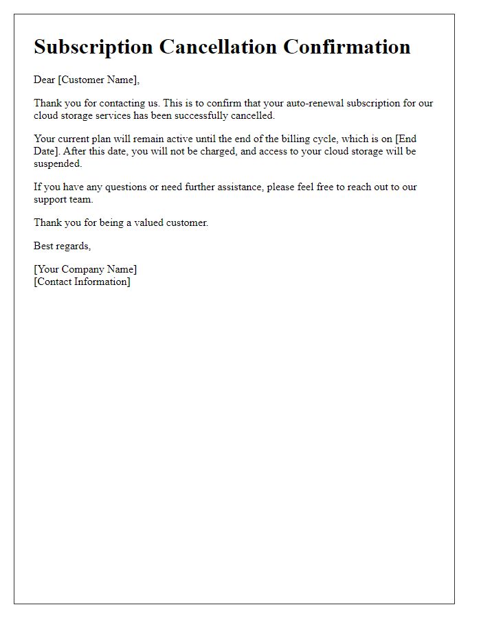 Letter template of auto-renewal subscription cancellation confirmation for cloud storage services.