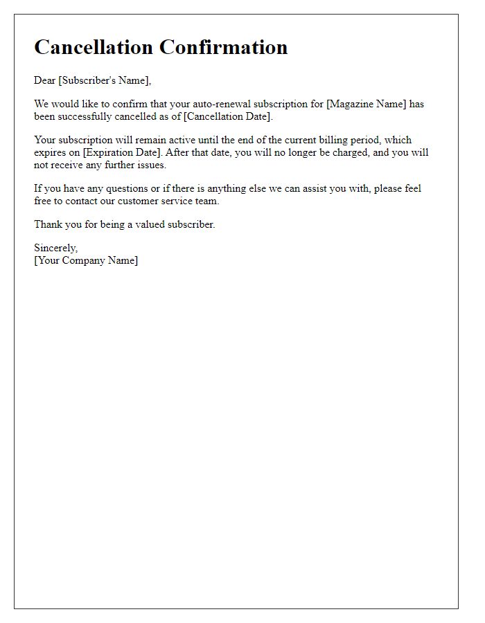 Letter template of auto-renewal subscription cancellation confirmation for magazine subscriptions.