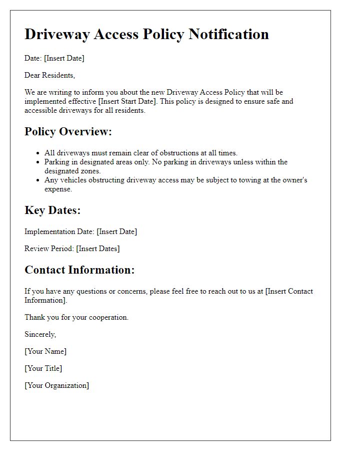 Letter template of driveway access policy for residents.