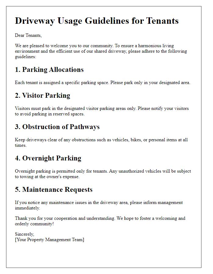 Letter template of driveway usage guidelines for tenants.