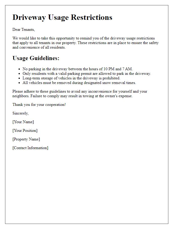 Letter template of driveway usage restrictions for tenants.