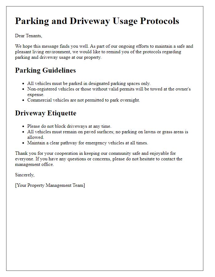 Letter template of parking and driveway usage protocols for tenants.