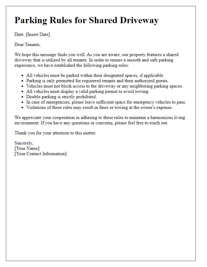 Letter template of tenant parking rules for shared driveway.