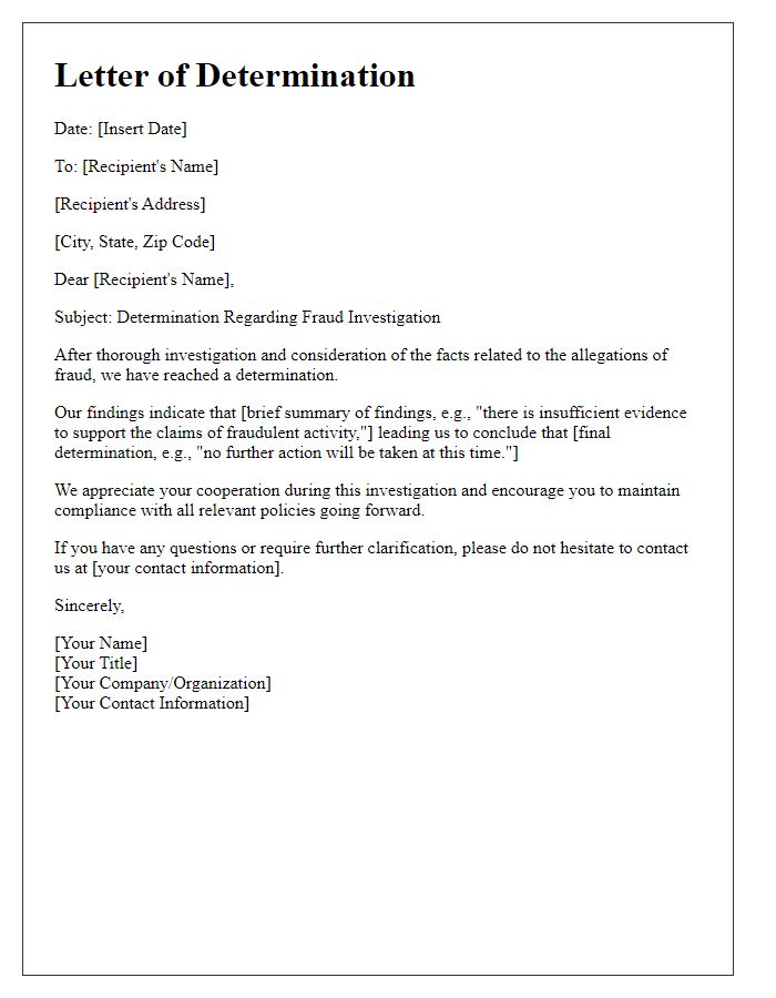 Letter template of determination related to fraud investigation