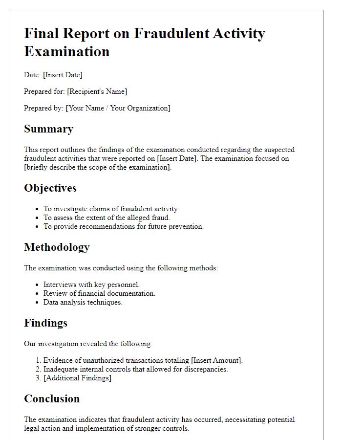 Letter template of final report on fraudulent activity examination